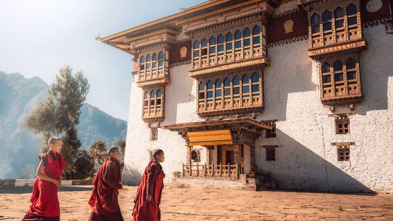 Six Senses Punakha Bhoutan walking monks