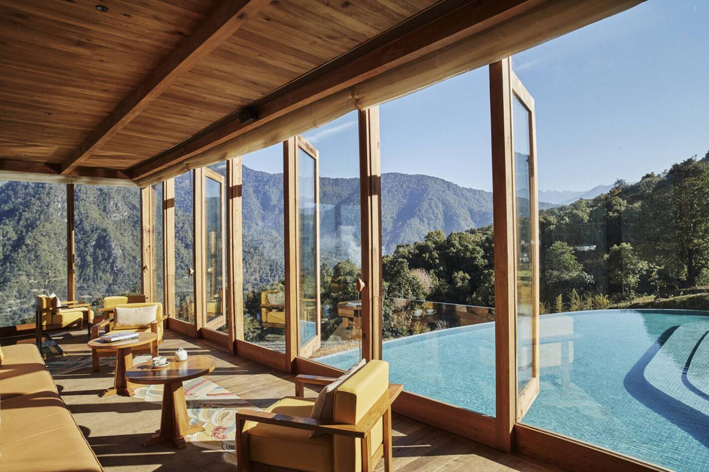 Six Senses Punakha Bhoutan Flying Farmhouse Interior with Pool View